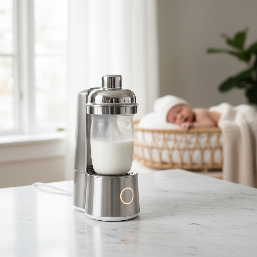 A peaceful newborn sleeping while MilkShaker prepares a perfect bottle